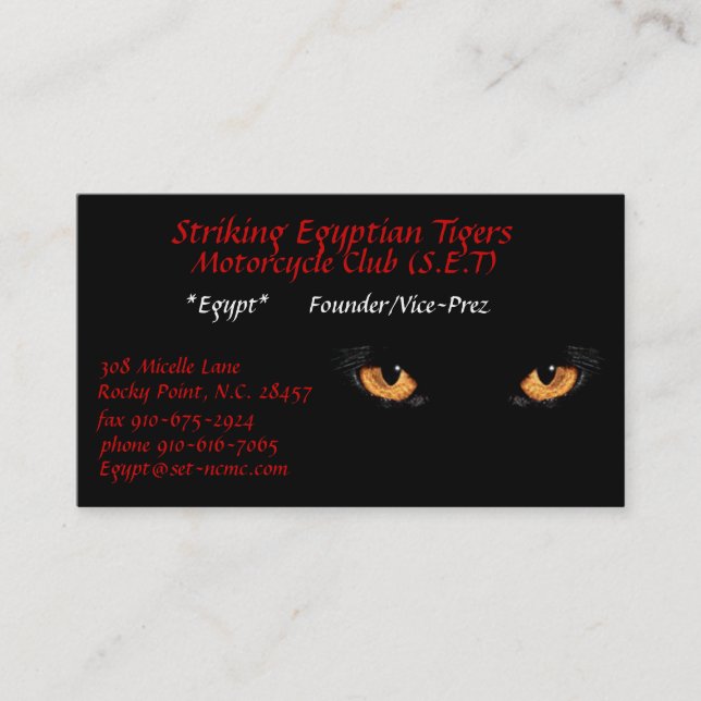 cateyes, Striking Egyptian Tigers, Motorcycle C... Business Card (Front)
