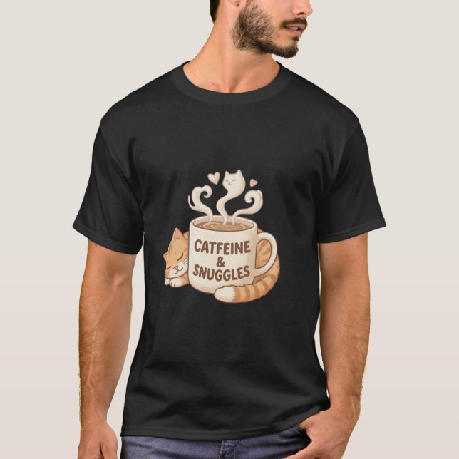 Catfeine and Snuggles Funny Ginger Cat Coffee Love T-Shirt (Front)