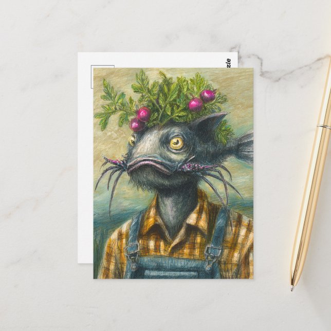 Catfish Gardener Surreal Postcard (Front/Back In Situ)