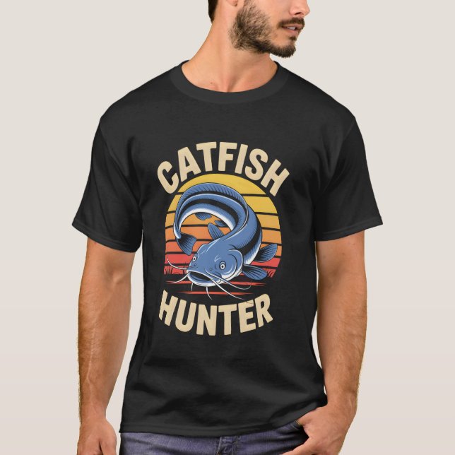 Catfish Hunter Retro Sunset Fishing T-Shirt (Front)