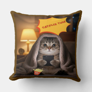 Catflix Time Cute Cat Throw Pillow for Kids   Fun 