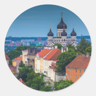 Cathedral and Cityscape   Estonia Classic Round Sticker