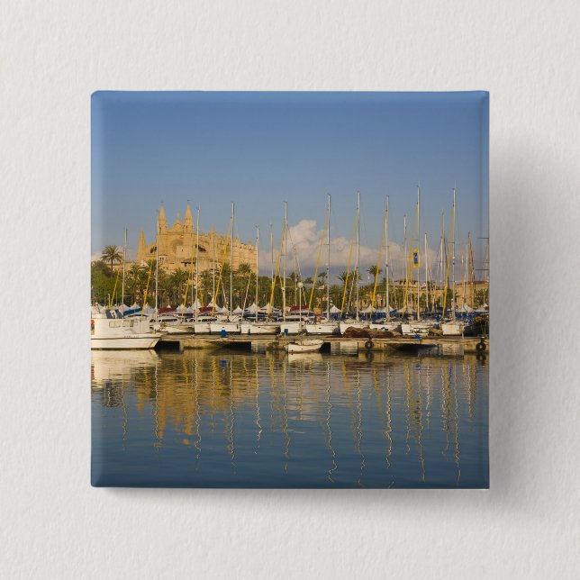 Cathedral and marina, Palma, Mallorca, Spain 2 Inch Square Button (Front)
