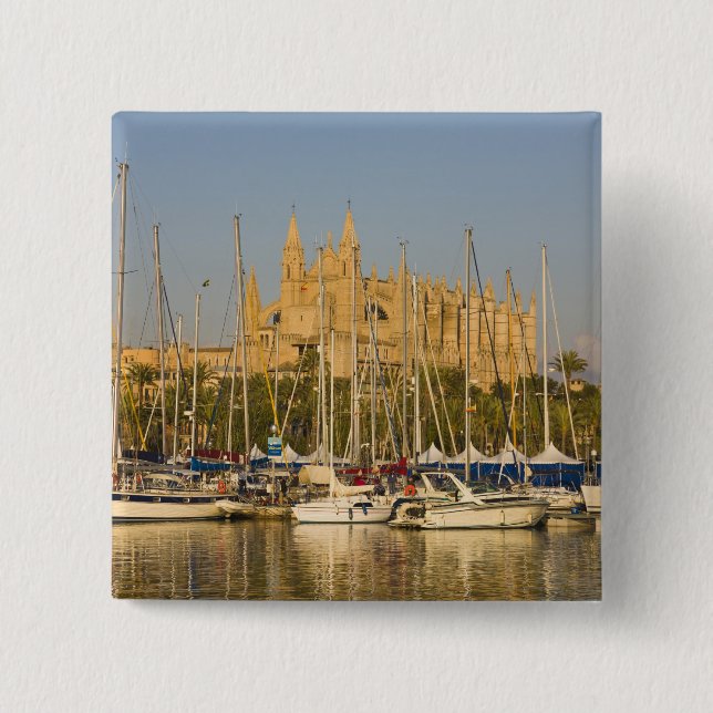 Cathedral and marina, Palma, Mallorca, Spain 2 Inch Square Button (Front)