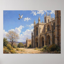 Cathedral Buttresses Doves Impressionist Oil Art