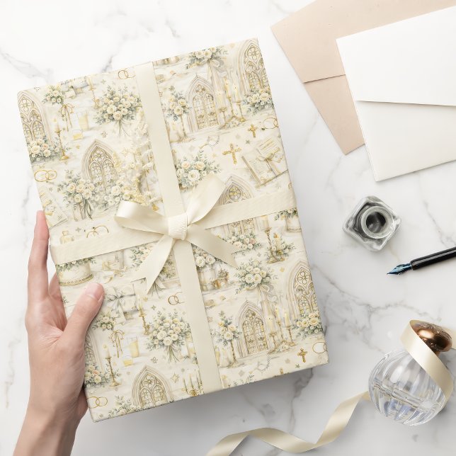 Cathedral Church Wedding Watercolor Ivory Gold Wrapping Paper (Creator Uploaded)
