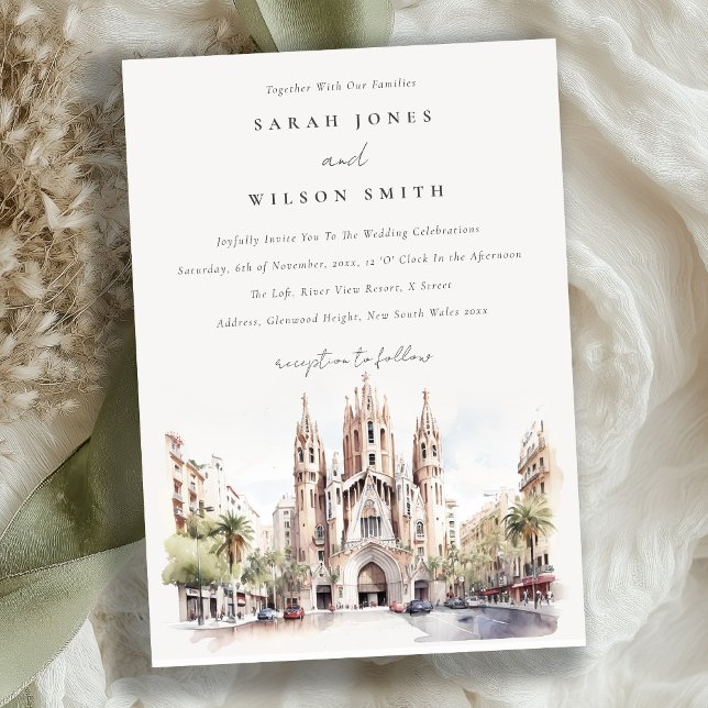 Cathedral of Barcelona Spain Watercolor Wedding Invitation (Creator Uploaded)