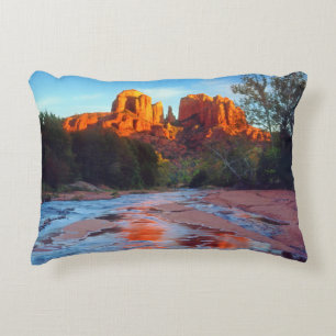 Cathedral Rock reflecting in Oak Creek at Sunset Accent Pillow