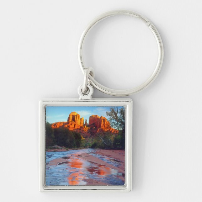 Cathedral Rock reflecting in Oak Creek at Sunset Keychain (Front)