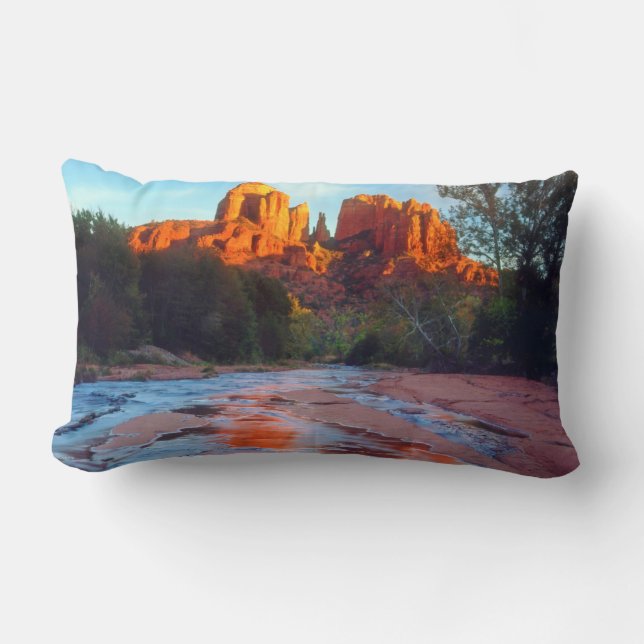Cathedral Rock reflecting in Oak Creek at Sunset Lumbar Pillow (Front)