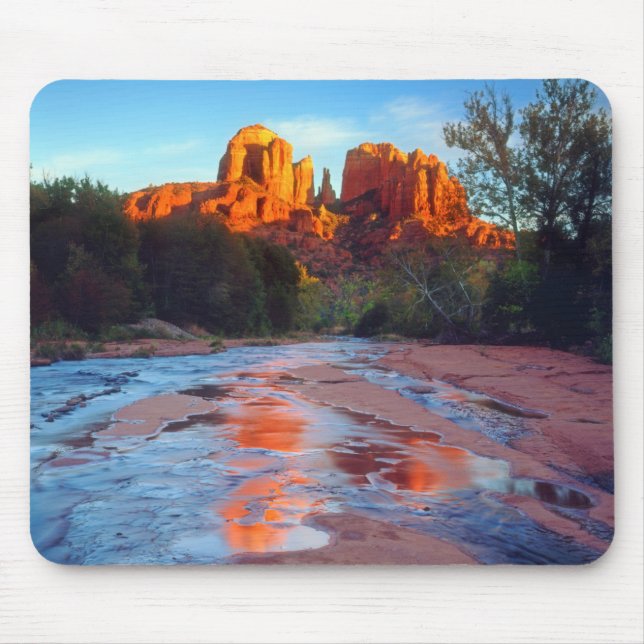 Cathedral Rock reflecting in Oak Creek at Sunset Mouse Pad (Front)
