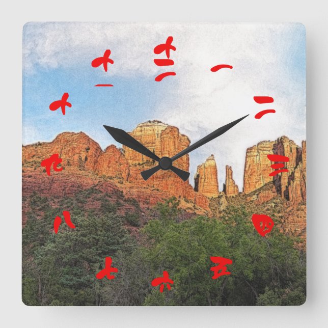 Cathedral Rock Sedona Arizona Red Chinese Numerals Square Wall Clock (Front)