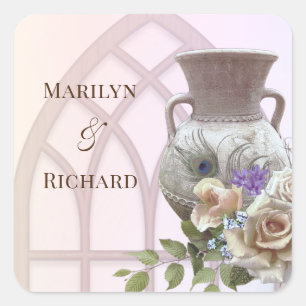 Cathedral Window, Urn, & Floral Wedding Square Sti Sticker