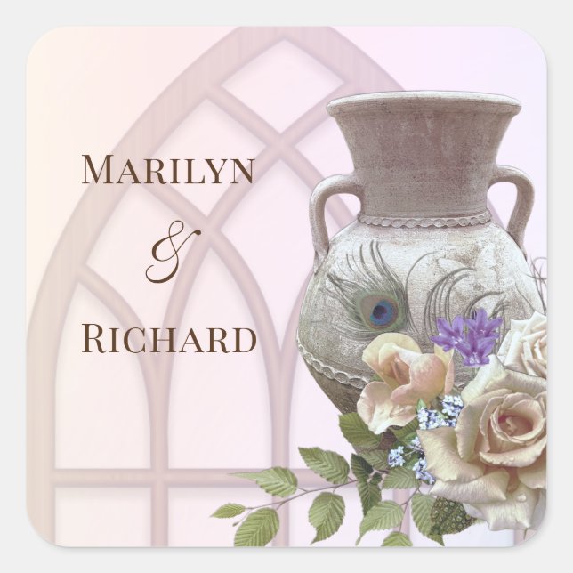 Cathedral Window, Urn, & Floral Wedding Square Sti Sticker (Front)