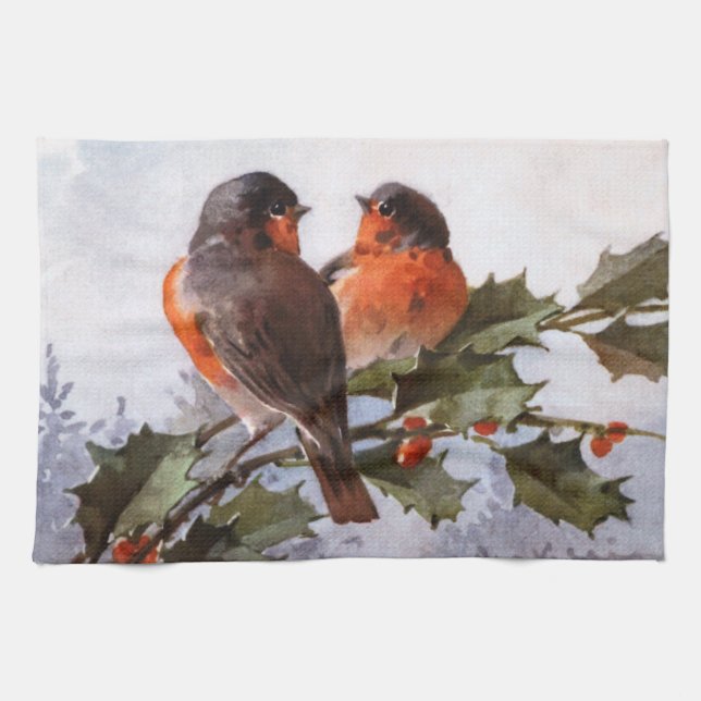 Catherine Klein: Robins on Holly Kitchen Towel (Horizontal)