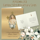 Catholic 50th Wedding Jubilee Anniversary Jesus Card<br><div class="desc">Celebrate a special couples Wedding Anniversary with this beautiful traditional Catholic image of the Sacred Heart of Jesus on a gold shimmer background.  Inside is a scripture verse,  gold cross with wedding rings,  and the image of the Sacred Heart. All text and fonts may be modified.</div>