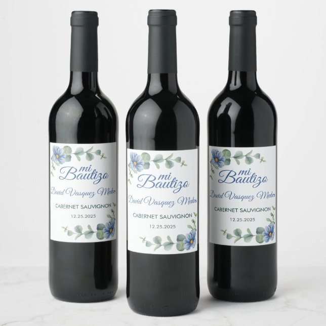 Catholic Baptism Bautizo Green Leaves Blue Flowers Wine Label (Bottles)