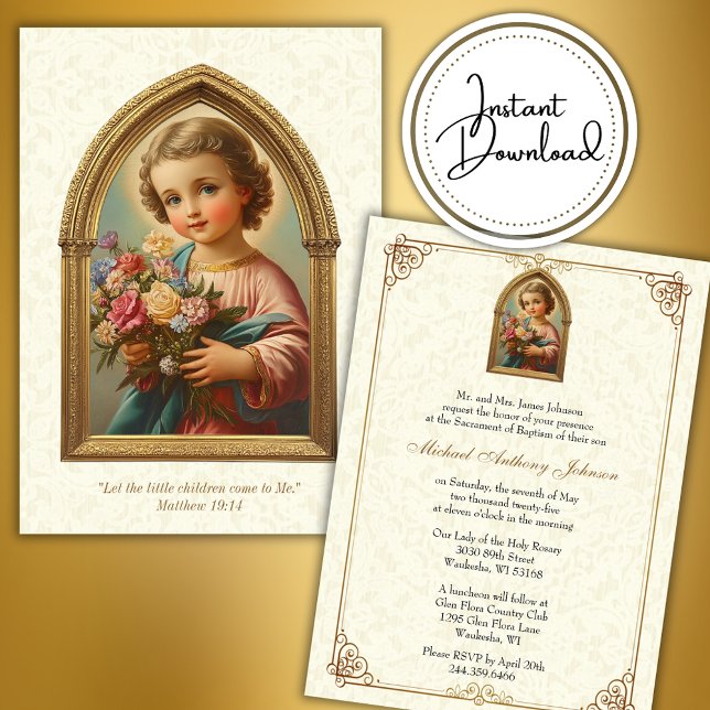 Catholic Baptism Christening Floral Child Jesus Invitation (Creator Uploaded)