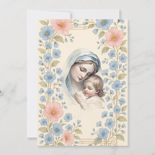 Catholic Baptism Floral Jesus Blessed Mother Invitation (Back)