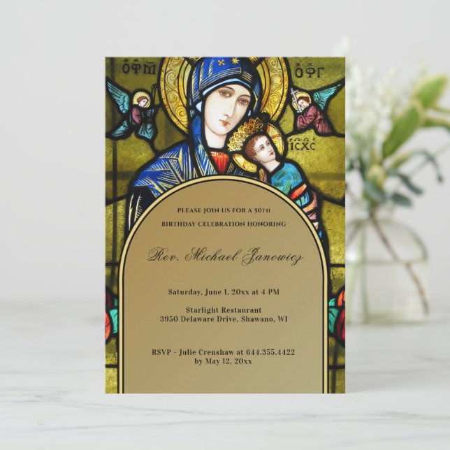 Catholic Birthday Religious Stained Glass  Invitation (Standing Front)