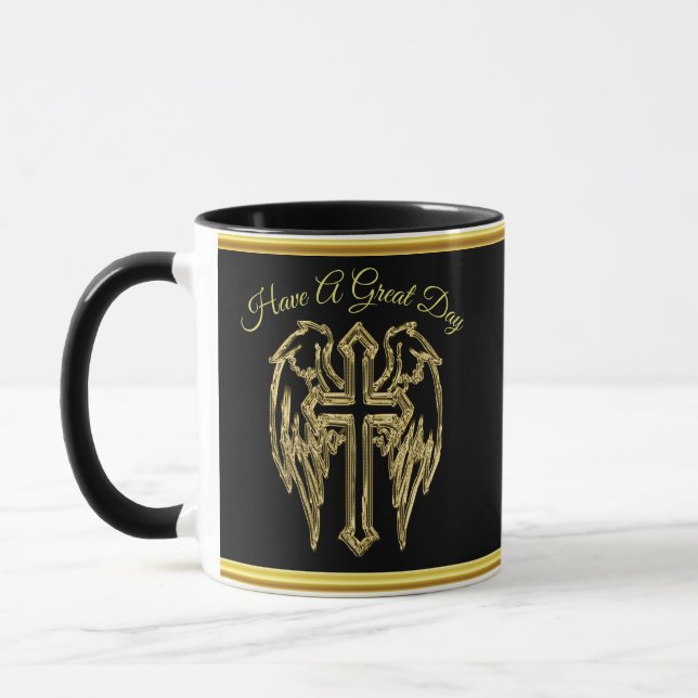 catholic black and gold foil cross with wings mug (Left)