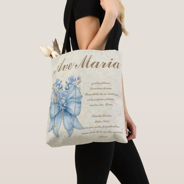 Catholic Blessed Mother Holy Rosary Blue Floral Tote Bag (Close Up)
