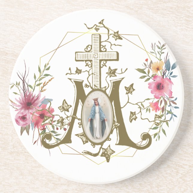 Catholic Blessed Virgin Mary Marian Cross Floral Coaster (Front)