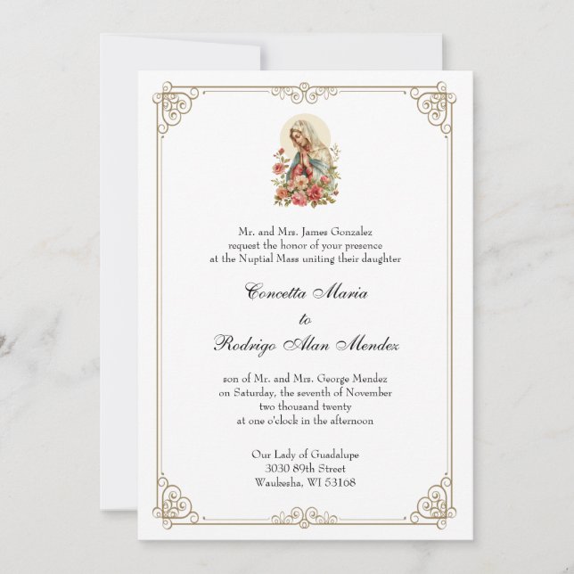 Catholic Blessed Virgin Mary Roses Wedding  Invitation (Front)