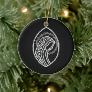 Catholic Blessed Virgin Mary White Lace on Black Ceramic Ornament