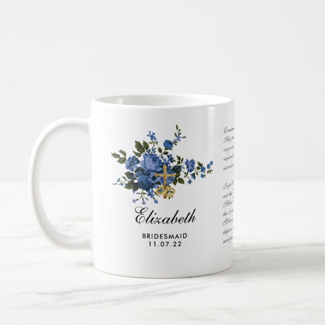 Catholic Blue Roses Crucifix Prayer Bridesmaid Coffee Mug (Left)