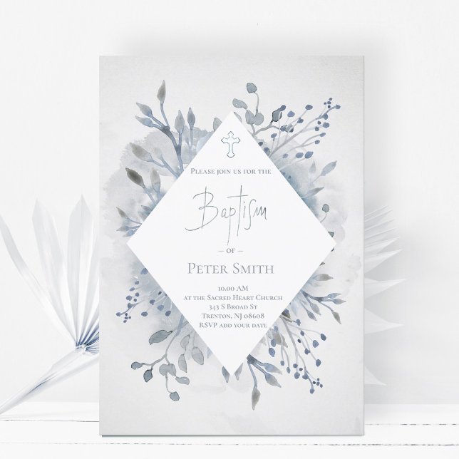 Catholic boy Baptism dusty blue watercolor Invitation (Creator Uploaded)