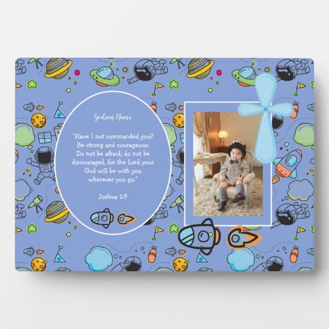 Catholic Boys Blue Cross Bible Quote Personalized Plaque (Front)