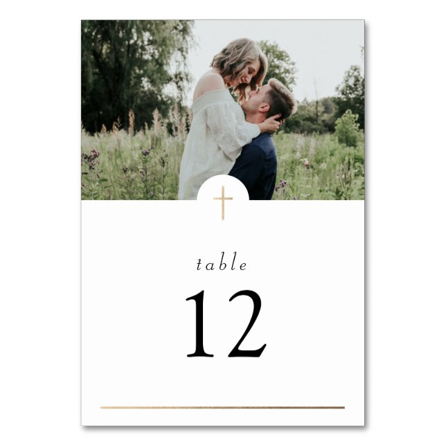Catholic Christian Simple Cross with Photo Wedding Table Number (Front)