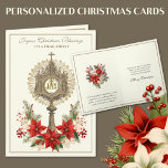 Catholic Christmas Eucharist Poinsettia Floral Holiday Card<br><div class="desc">Featuring a beautiful vintage image of the Holy Eucharist in a gold monstrance adorned with a red poinsettia Christmas floral bouquet. Another beautiful Christmas bouquet is inside with a scripture verse below.  All text can be modified.</div>