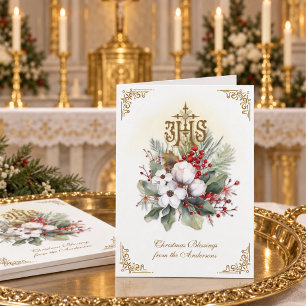Catholic Christmas IHS Floral Poinsettia Holiday Card