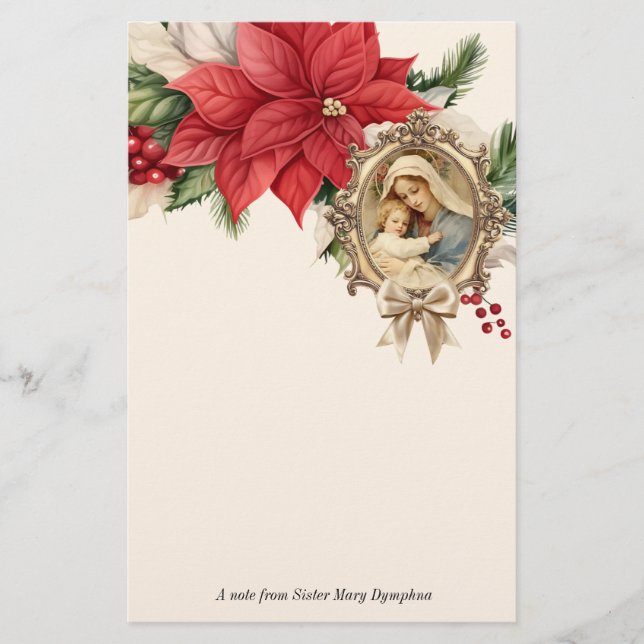 Catholic Christmas Mary Jesus Poinsettias Stationery (Front)