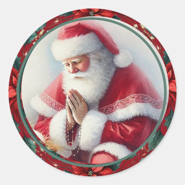 Catholic Christmas Santa with Rosary Poinsettias Classic Round Sticker (Front)