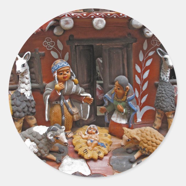 catholic christmas scene classic round sticker (Front)