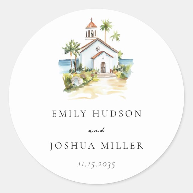 Catholic Church Tropical Wedding Classic Round Sticker (Front)