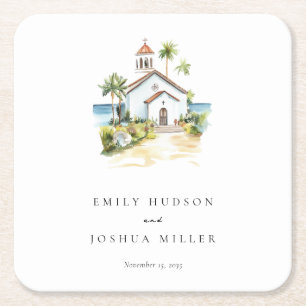 Catholic Church Tropical Wedding Square Paper Coaster