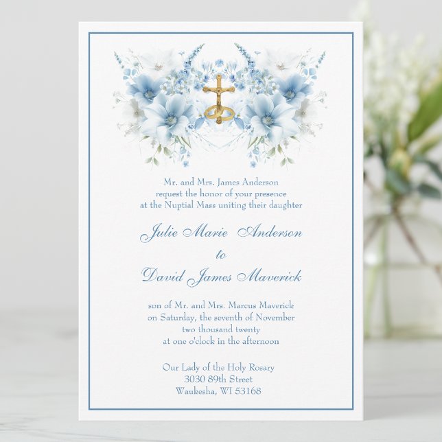 Catholic Classic Blue Floral Religious Wedding Invitation (Creator Uploaded)