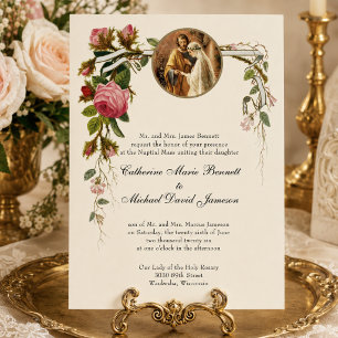 Catholic Classic Elegant Ivory Roses Wedding Invitation