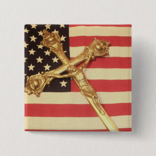 Catholic Crucifix over USA Flag Square Button