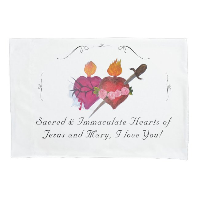 Catholic Customizable Hearts of Jesus & Mary Pillowcase (Front)