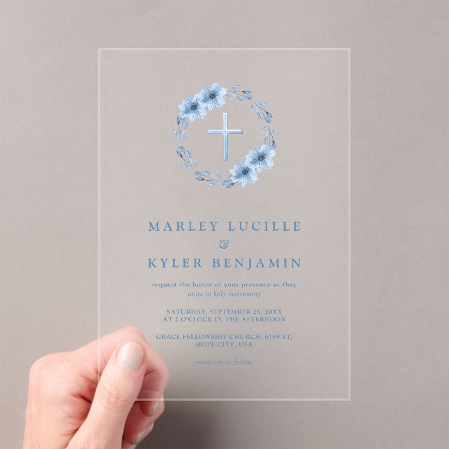 Catholic Dusty Blue Floral Cross Wedding Minimal Acrylic Invitations (Insitu (Handheld))
