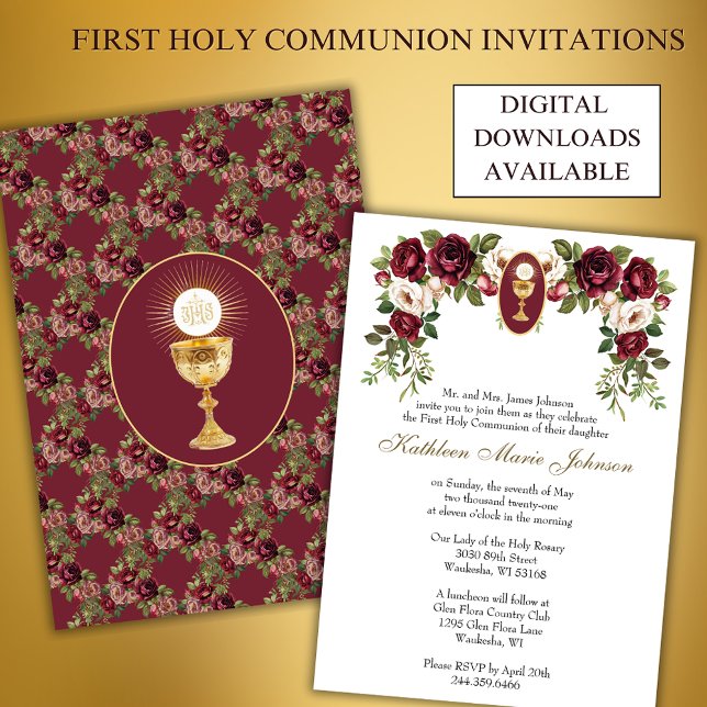 Catholic Elegant Burgundy First Holy Communion Invitation (Creator Uploaded)