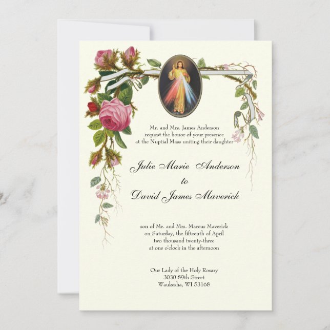 Catholic Elegant Ivory Wedding Divine Mercy COMBO Invitation (Front)