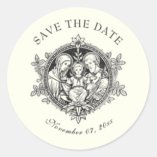 Catholic Elegant Ivory Wedding  Holy Family  Classic Round Sticker