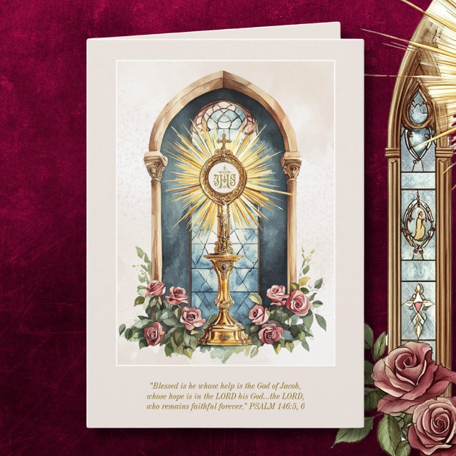 Catholic Eucharistic Host Gold Monstrance Roses Card (Creator Uploaded)