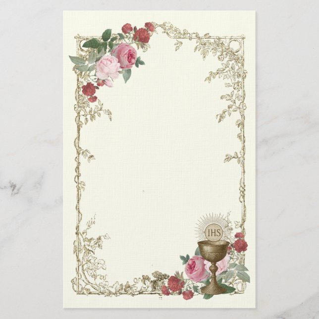Catholic Eucharistic Rose & Chalice Communion Stationery (Front)